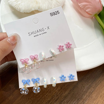 DAIIIBABYYY  -  Sweet Girls INS Pink Blue Bow-knot Ball Flower Stud Earrings Set for Women Korean Fashion Bow Earring Party Jewelry Gift